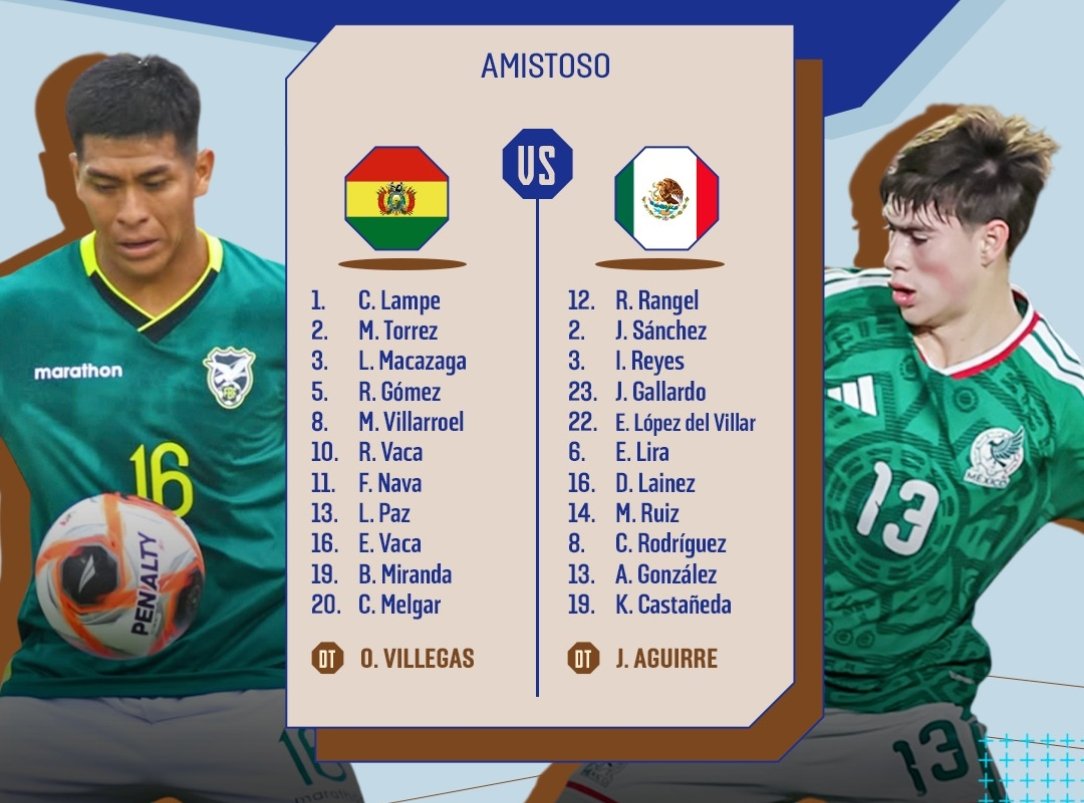 ZonaFUT1's tweet image. #Amistoso | 🇧🇴 #BOL 🆚 #MEX 🇲🇽

Estos son los 22 titulares para el encuentro amistoso entre #Bolivia vs @miseleccionmx. 

NO TE PIERDAS ESTE GRAN ENCUENTRO Y VÍVELA POR AQUÍ 👇
youtube.com/live/x7mG60Myx…