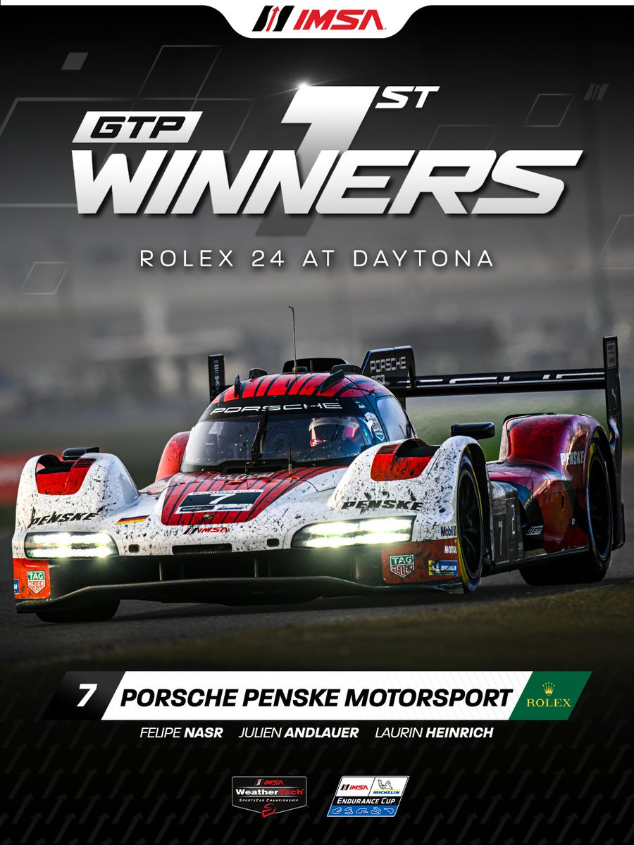 IMSA's tweet image. Congratulations to the No. 7 Porsche Penske Motorsport  Team on winning the 2026 Rolex 24 at DAYTONA in the GTP Class!!

@Team_Penske   | @Rolex24Hours