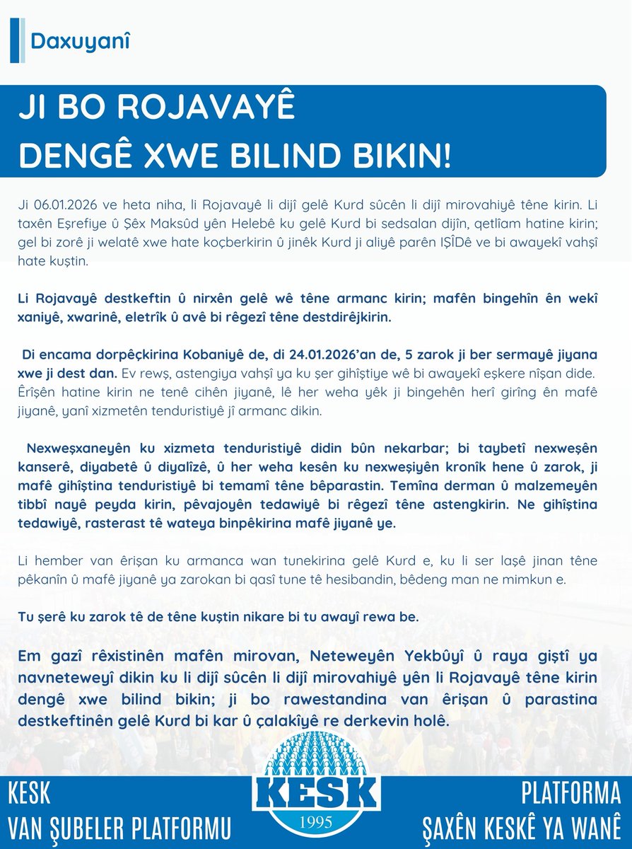 EgitimSenVan's tweet image. JI BO ROJAVAYÊ DENGÊ XWE BILIND BIKIN!
#SaveRojava
#DefendRojava