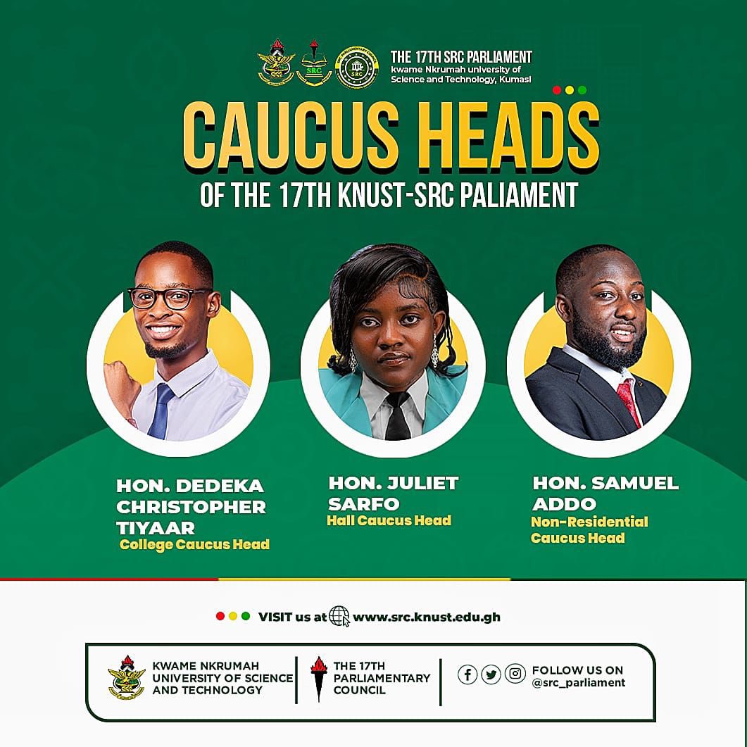 Meet Hon. Hamza Karim, Deputy Speaker of the 17th KNUST SRC Parliament.
Driving effective representation and responsible leadership and his able caucus heads. 
#KNUSTSRC #StudentLeadership #SRCParliament