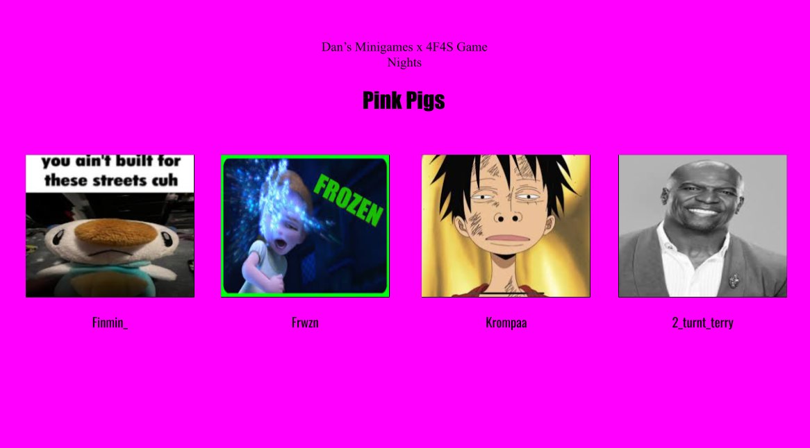 Announcing the Pink Pigs
<a href="/Finmin_/">Finmin</a> <a href="/Frwozen_/">Thinking</a> <a href="/SekkenIsSoap/">Krompaa</a> <a href="/2_turnt_terry/">2_turnt_terry</a>