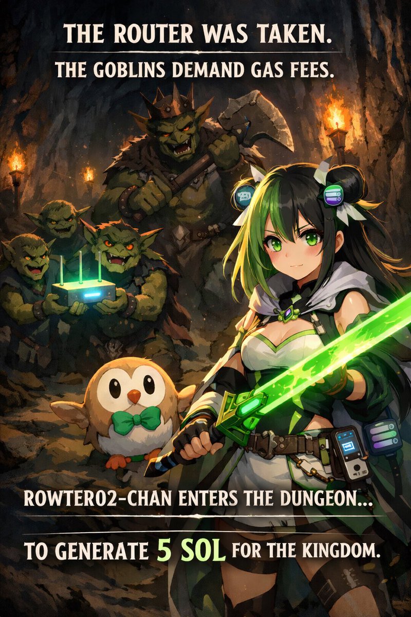 Rowter02's tweet photo. the router was taken…
the goblins demanded gas fees 😭
so i entered the dungeon…
to generate 5 SOL for the kingdom 🌿⚔️💎

$ROW 

#SolanaEcosystem #CryptoLore #DeFiWarrior #MemeCoin #SOL https://t.co/HTAfstEGn7
