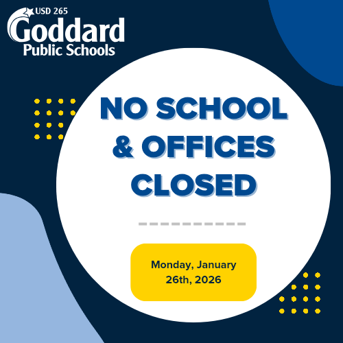usd265_virtual's tweet photo. Due to inclement weather and road conditions, there will be no school for Goddard Public Schools on Monday, January 26, 2026. We hope you stay warm and safe.

Thank you for your continued support.

Dane Baxa, Director of Community Relations
Goddard Public Schools, USD 265 https://t.co/wRM1dIxhcY