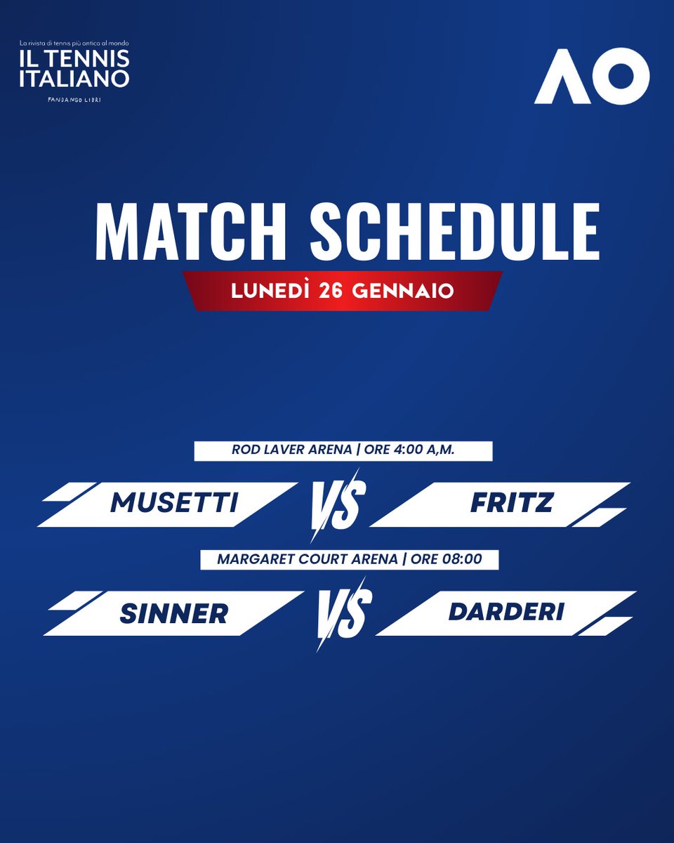 #AusOpen26 , day 9: nella notte scende in campo #Musetti, il derby tra #Sinner e #Darderi alle 8. Forza azzurri 🇮🇹