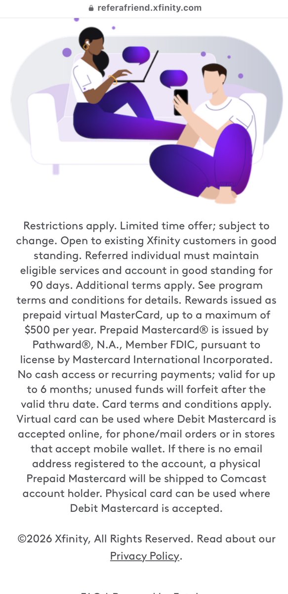 SweepsMasters's tweet image. referafriend.xfinity.com/mkatechisc!9f1…
From #Xfinity / #Comcast #Savings and #Rewards
issued as prepaid virtual MasterCard up to a maximum of $500 per year Prepaid #MastercardGiftCard