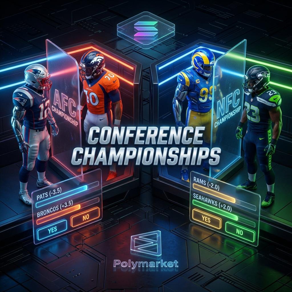 PredictBotSol's tweet photo. Conference Championship Sunday is here. ⚔️🏈

AFC: New England vs. Denver (+3.5) NFC: LA Rams vs. Seattle

Jarrett Stidham takes the helm for Denver. The 12th Man is ready in Seattle.

Don't just watch the game—own the outcome.

PredictBot makes on-chain betting conversational: 
✅ AI-powered market insights 
✅ Bet in seconds via Telegram 
✅ Seamless SOL -> USDC bridge

The smartest money is already in. Are you?

👉 Open https://t.co/vdIYJaS2Qk and pick your team!    

Start winning in seconds. No navigation needed. 

$PBOT CA: 8aamVxABfTTTYNwhCi6PwJRUdxtixf8gPKkpt3Jmpump

 #NFLPlayoffs #Polymarket #Solana #Crypto #SportsBetting