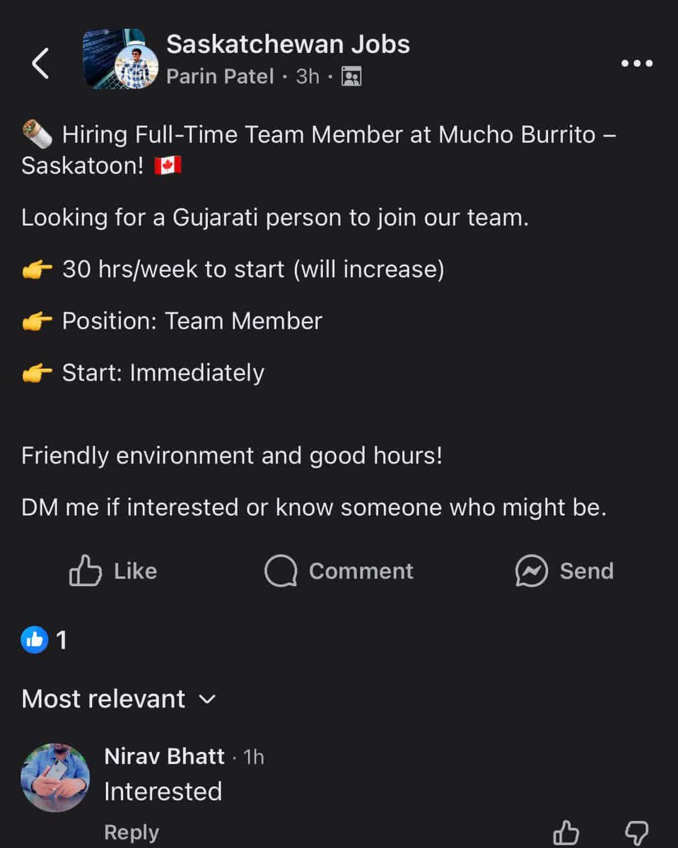 2024Negan's tweet image. Mr. Patel (Indian Gujrati ) is hiring only Gujrati person for Burrito.

Canada is fucked 😦