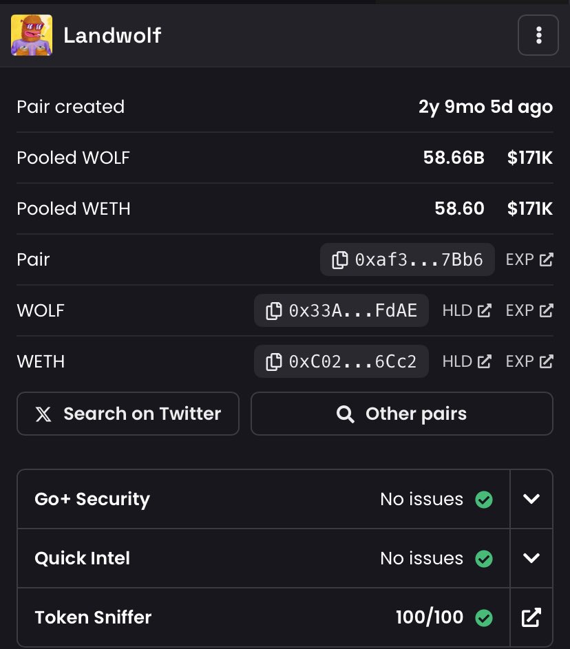 Landwolfcoineth's tweet photo. OG $WOLF is way too undervalued under 1M market cap, hit an ATH of 25m 2 years ago.

The OGs will always come back stronger, Landwolf was deployed five days after $pepe, real 2023 OG

This is the real one, with the best LP ratio & distribution. As you can see there are zero issues in the contract.

https://t.co/leT5PnqsjW

$ETH #Landwolf