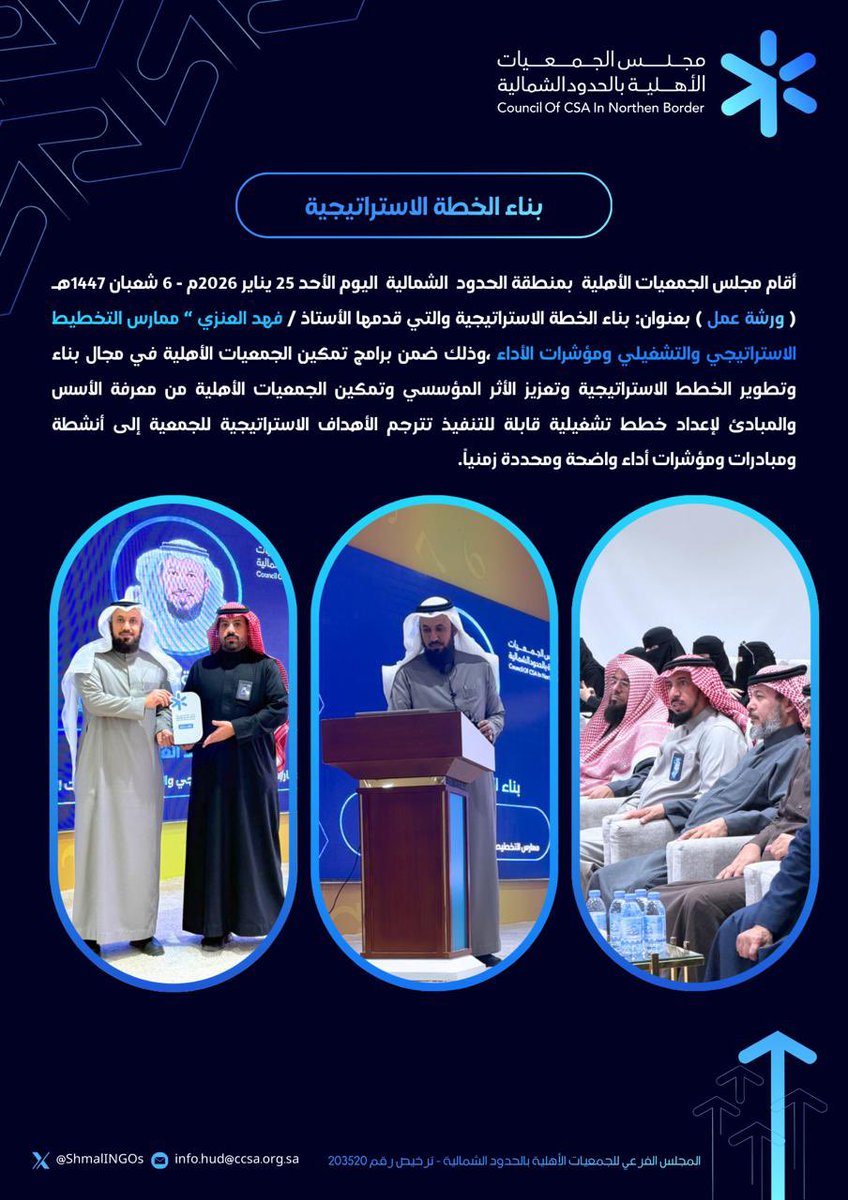 أقام #مجلس_الجمعيات_الأهلية_بالحدود_الشمالية ( ورشة عمل ) بناء الخطة الاستراتيجية ،وذلك ضمن برامج تمكين الجمعيات الأهلية في مجال بناء وتطوير الخطط الاستراتيجية وتعزيز الأثر المؤسسي وتمكين الجمعيات الأهلية بالمنطقة