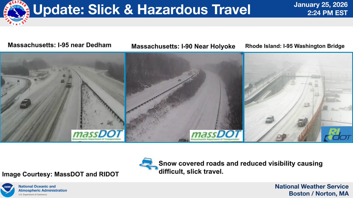Update: 230 PM
⚠️Slick travel &amp; reduced visibilities are being observed. As heavier bands push through the region, expect periods of heavy snow &amp; visibilities dropping to as low as a 1/4mile at times. Please use caution if you must travel. Image courtesy of RI/MA DOT 
#MAwx #RIwx