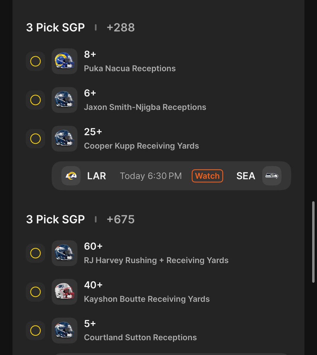 Conference championship time. Let’s hope we see some good high flying games today #GamblingTwitter #Draftkings #fanduel #BettingX #SGP #BroncosCountry #RamsHouse #Seahawks #NewEnglandPatriots