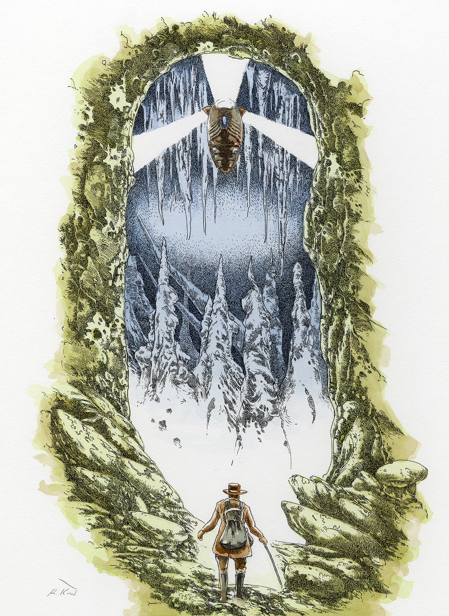 Lost_Machine's tweet image. A new ink and watercolour painting called “Explorers.” 2026, 18” x 12.” This piece was done as a dip pen drawing on watercolour board and then tinted with watercolour. Available in my shop richardakirk.bigcartel.com