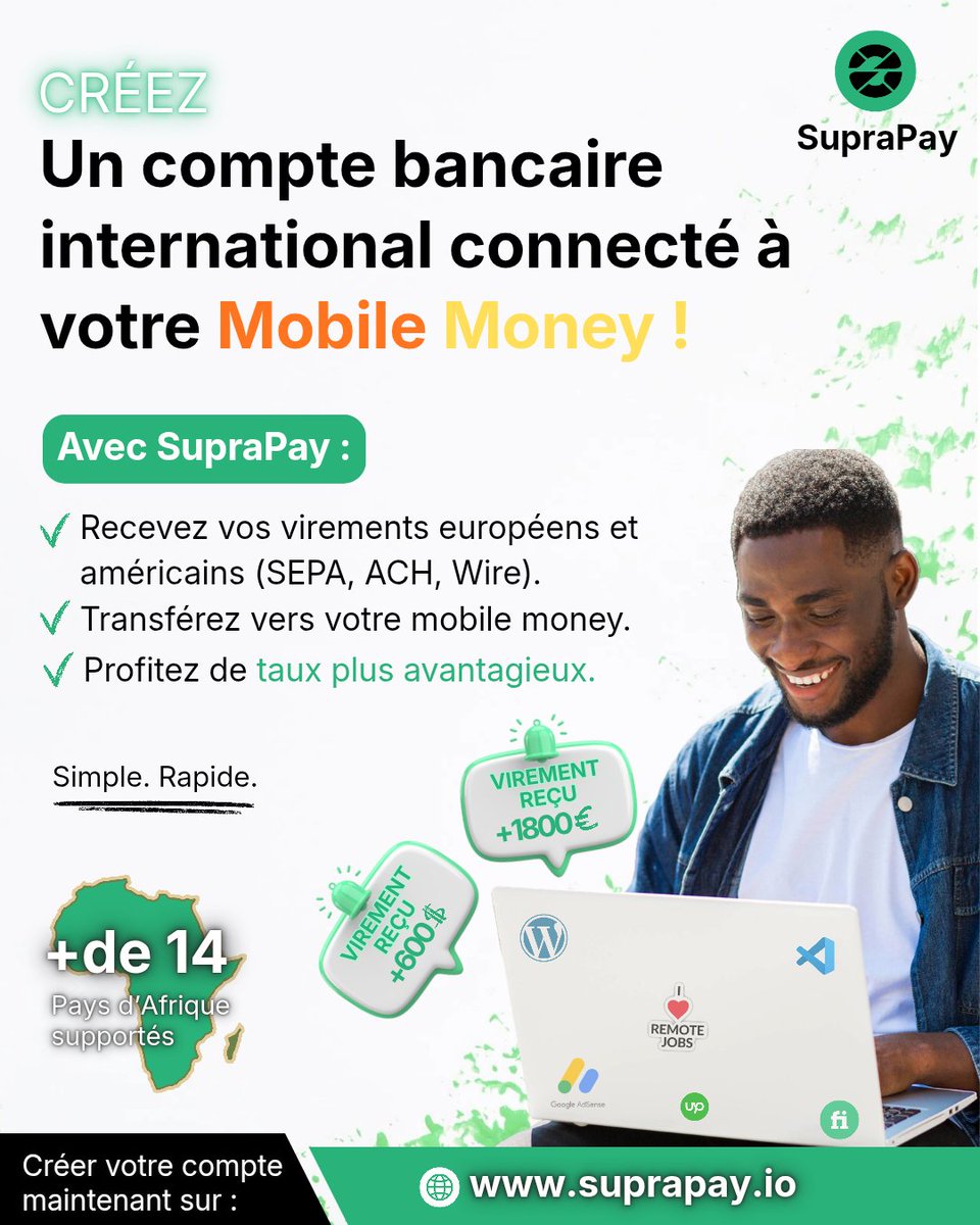 Hello

Tu as des clients en Europe ou en Amérique et tu cherches à recevoir tes revenus au pays rapidement, avec un minimum de frais ?

J'ai une solution pour toi

suprapay.io