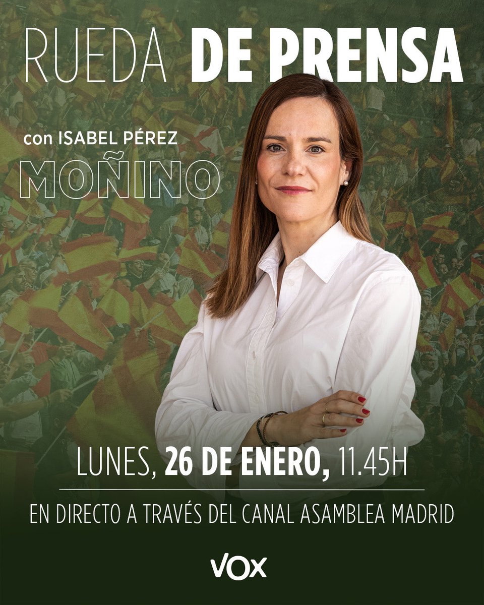 🔴🎤 Sigue en directo las declaraciones de la portavoz de VOX en la Asamblea de Madrid, <a href="/Isabelperezmoi1/">Isabel Pérez Moñino</a>.

Este lunes, a partir de las 11:45h., rueda de prensa a través de este enlace👇
youtube.com/live/zUl5iEakS…