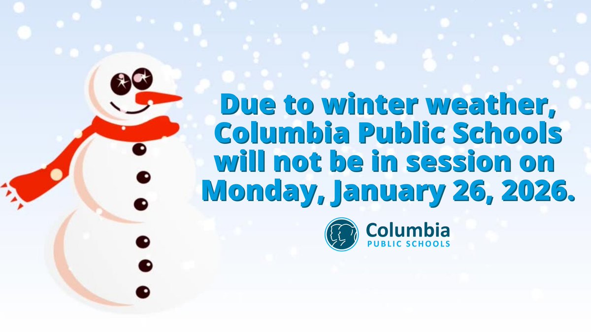 Due to winter weather, Columbia Public Schools will not be in session on Monday, January 26, 2026.
📺: cpsk12mo.org/SnowDayJan2626
#CPSBest