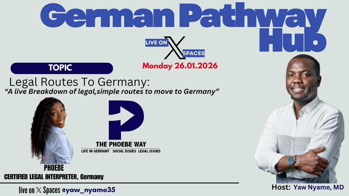 Your Path to Germany is here. Join us live tomorrow with <a href="/thephoebeway/">Feeebbaaayy</a>  certified legal interpreter in Germany 🇩🇪 to help us break down the legal Routes available for you!.  
x.com/i/spaces/1PlJQ…