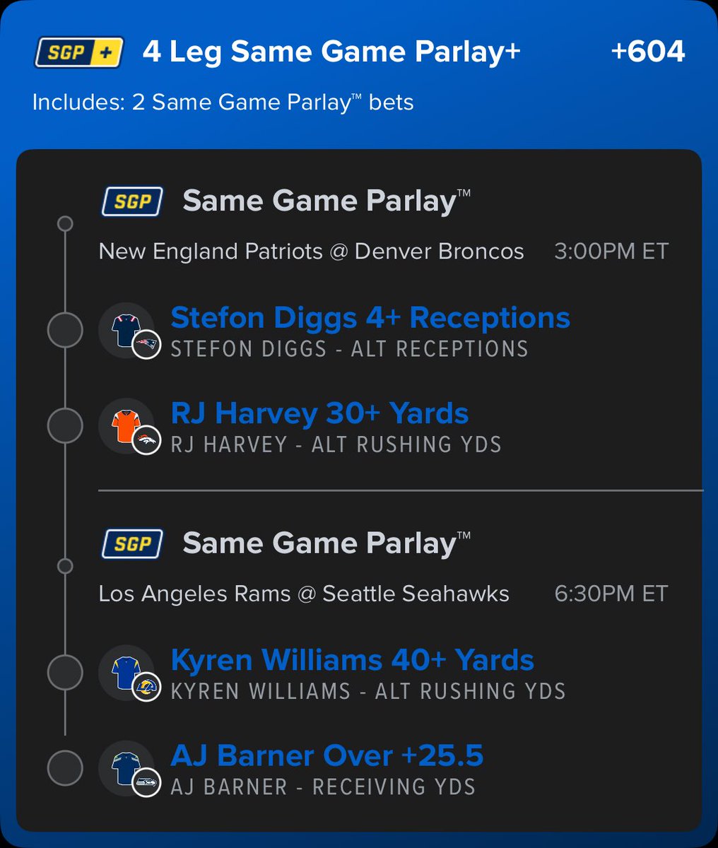 ant_potts's tweet image. #ChampionshipSunday 

#NEPats @ #BroncosCountry 

6️⃣ Hunter Henry ATTD +200

#RamsHouse @ #GoHawks 

🎯 Rams ML +118 

🎯 Matt Stafford o1.5 PTD -122

🎯 AJ Barner o3.5 rec +134 

🧾+604 SGP+ @FDSportsbook