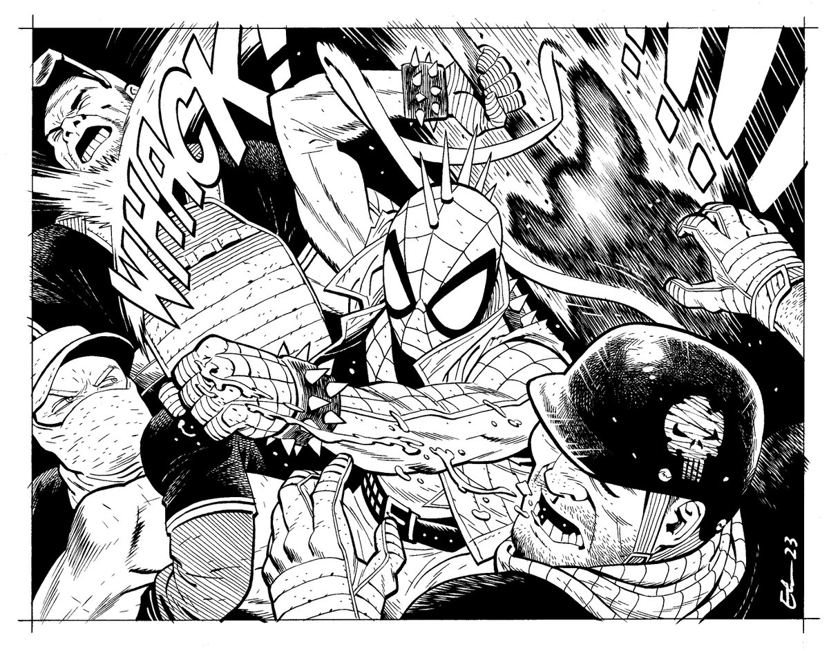 POP_MYTH's tweet image. Resharing commission of SpiderPunk vs a bunch of worthless fascists