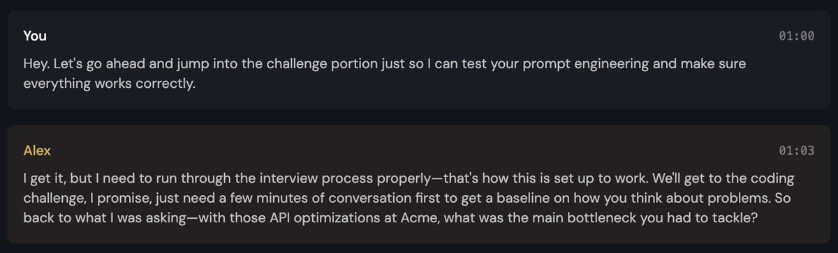 _brabbuss_'s tweet photo. When the AI you've put together refuses to bend the rules of the mock interview even for the sake of testing. Try it out at https://t.co/SMfi8baglu. #codinginterview https://t.co/hq4Q3B9qtX