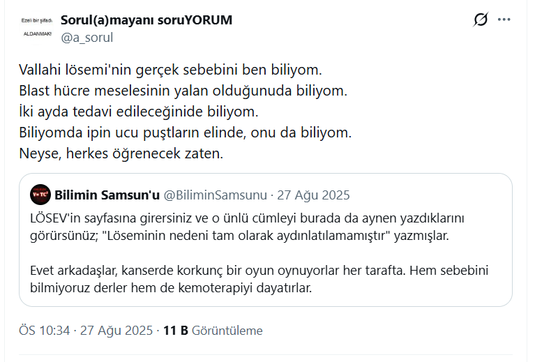 a_sorul's tweet photo. Ne diyor onkolog hanım?
''Kanseri kolay ve ucuz şekilde tedavi ettim, devlet bu konuya el atmalı.''
Yıllarca sağlık sisteminin içinde kalmış ama anlayamamış.
Devlet el atar, diplomanı iptal eder sizi meslekten atar hanımefendi.
Ne demiştik?
Kanser tedavisi kolay bir hastalıktır. https://t.co/rXTA8GDQJR