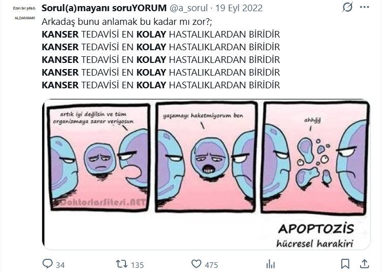 a_sorul's tweet photo. Ne diyor onkolog hanım?
''Kanseri kolay ve ucuz şekilde tedavi ettim, devlet bu konuya el atmalı.''
Yıllarca sağlık sisteminin içinde kalmış ama anlayamamış.
Devlet el atar, diplomanı iptal eder sizi meslekten atar hanımefendi.
Ne demiştik?
Kanser tedavisi kolay bir hastalıktır. https://t.co/rXTA8GDQJR