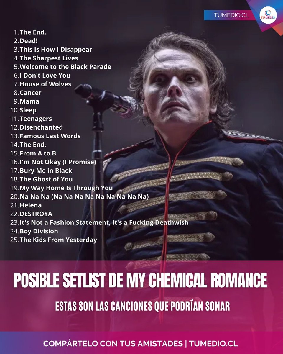 TuMedio's tweet photo. My Chemical Romance vuelve a Chile tras 18 años y ya se especula el setlist que sonará en el Bicentenario de La Florida.
¿Listos para gritarlo todo? 😭🎸 #MCRChile #MyChemicalRomance #EmoIsNotDead https://t.co/HGxsahQAqK