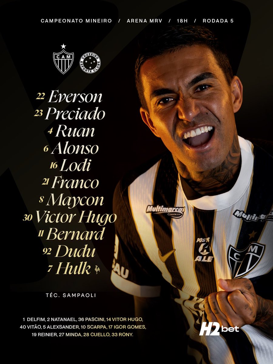 Atletico's tweet photo. 📋 GALO ESCALADO! Veja a nossa escalação para o clássico, na @ArenaMRV!

#VamoGalo #CAMxCRU 🏴🏳️ https://t.co/5GGrsNOcKo