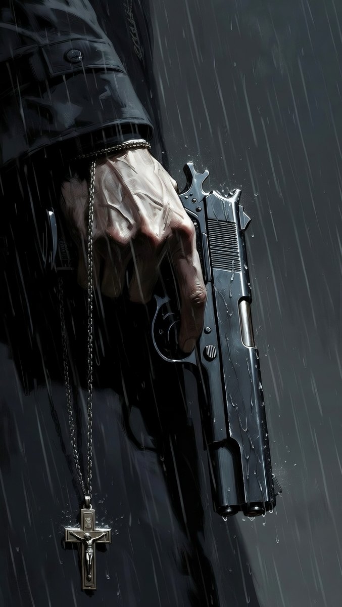 🌫️ In the pouring rain, faith clashes with vengeance. A shadowed hand grips a sleek pistol, crucifix dangling like a silent prayer. Perfect dark vibe for your phone screen—evokingmystery and intensity. Who's ready to embrace the storm? 4K. 🩸  #DarkArt #Aesthetic #phonewallpaper