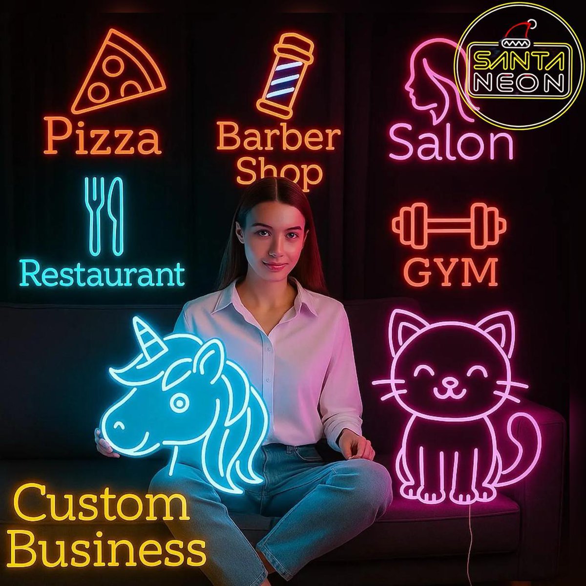 SantaNeonTech's tweet image. A modern neon sign showcase with multiple glowing neon icons and text on a dark background. Neon signs for pizza, barber shop, salon, gym, restaurant, and custom business.
#neonsigns #customneon #neonbusiness #neonlights #neondesign #neonart #businessneon #customneonsign #neonde