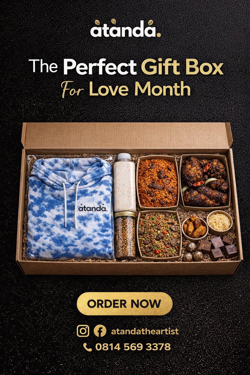 Love Month is almost here 💕
Atàndá presents Love in a Box,
a curated package for the ones you love.

🎁Cozy hoodie, Yoghurt &amp; granola, Smokey Jollof + basmati beef stir-fry, Turkey &amp; chicken, Plantain &amp; creamy coleslaw,  Chocolate

Limited boxes. NGN 79,999 (Lagos)
DM Now! 🫵🏾🫶🏾