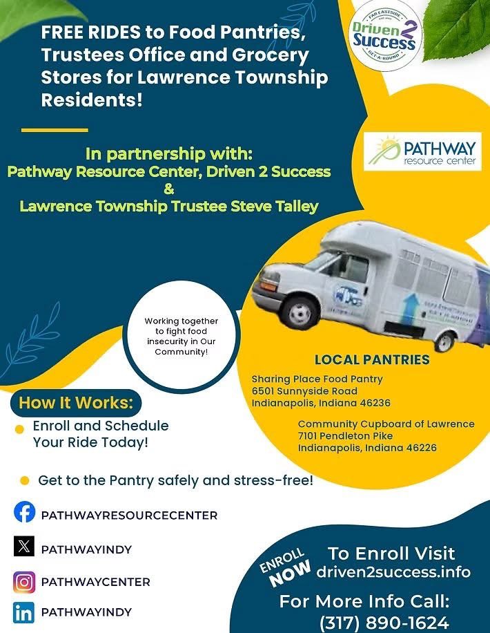 TalleyTrustee's tweet photo. We are excited to partner with Pathway Resource Center to provide free rides for Lawrence Township residents to our local food pantries.

Please head to https://t.co/JCdrNXXmrB for more info and to enroll: https://t.co/a9zCAmuJZo