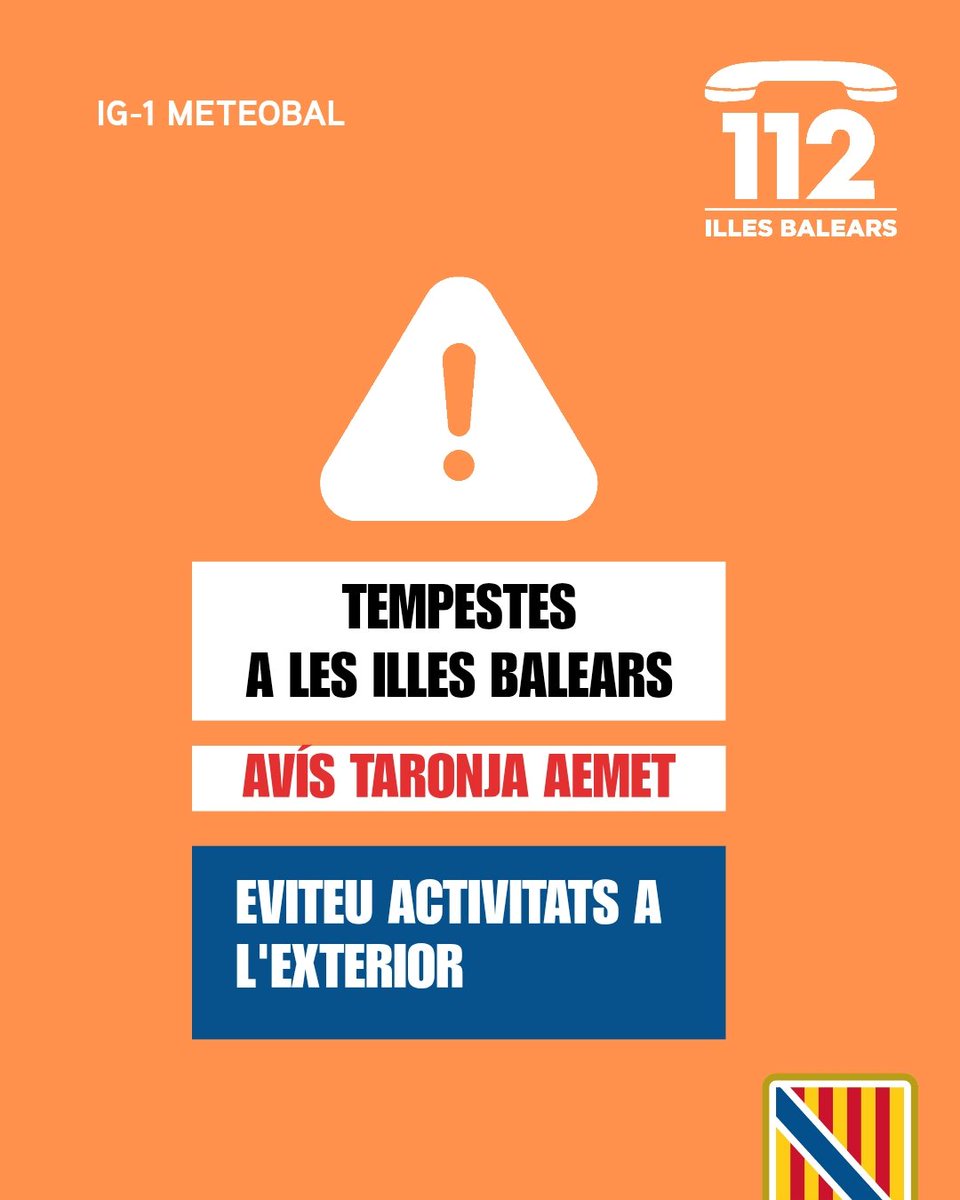 Emergencies_112's tweet photo. ⚠️ Actualització d’alertes per meteorologia adversa ⛈️🌬️🌊

🟠 Alerta groga activada (IG-1 del Pla Meteobal) per tempestes⛈️ a totes les Illes Balears.

🟠 Alerta taronja activada (IG-1 del Pla Meteobal) per fenòmens costaners a Mallorca.

🟡 Alerta groga activada (IG-0 del Pla Meteobal) per fenòmens costaners 🌊 a Menorca, Eivissa i Formentera.

🟡 Alerta groga activada (IG-0 del Pla Meteobal) per forts vents 🌬️ a totes les Illes Balears.

ℹ️ Podeu consultar els avisos actualitzats per hores al canal oficial d’@AEMET_Baleares
➡️ https://t.co/T7OwH3ZCs7