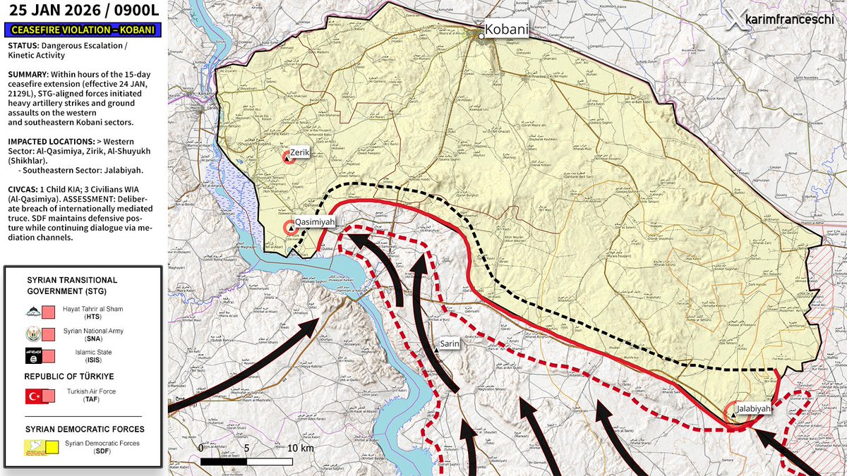 karimfranceschi's tweet image. New 15-day ceasefire signed: 21:29L ✍️ 
1st child slaughtered: 07:00L

Check the axes of attack. Legacy media is still calling this an “integration process," while the Kurds define it as a war of annihilation waged by the Jihadist Transitional Government + DAESH

🗺️ [Attach Map]