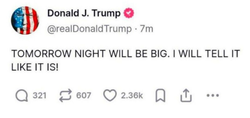 ConservBrief's tweet photo. BREAKING

President Trump promises something BIG is coming tomorrow night! https://t.co/GoN8vu2tkL