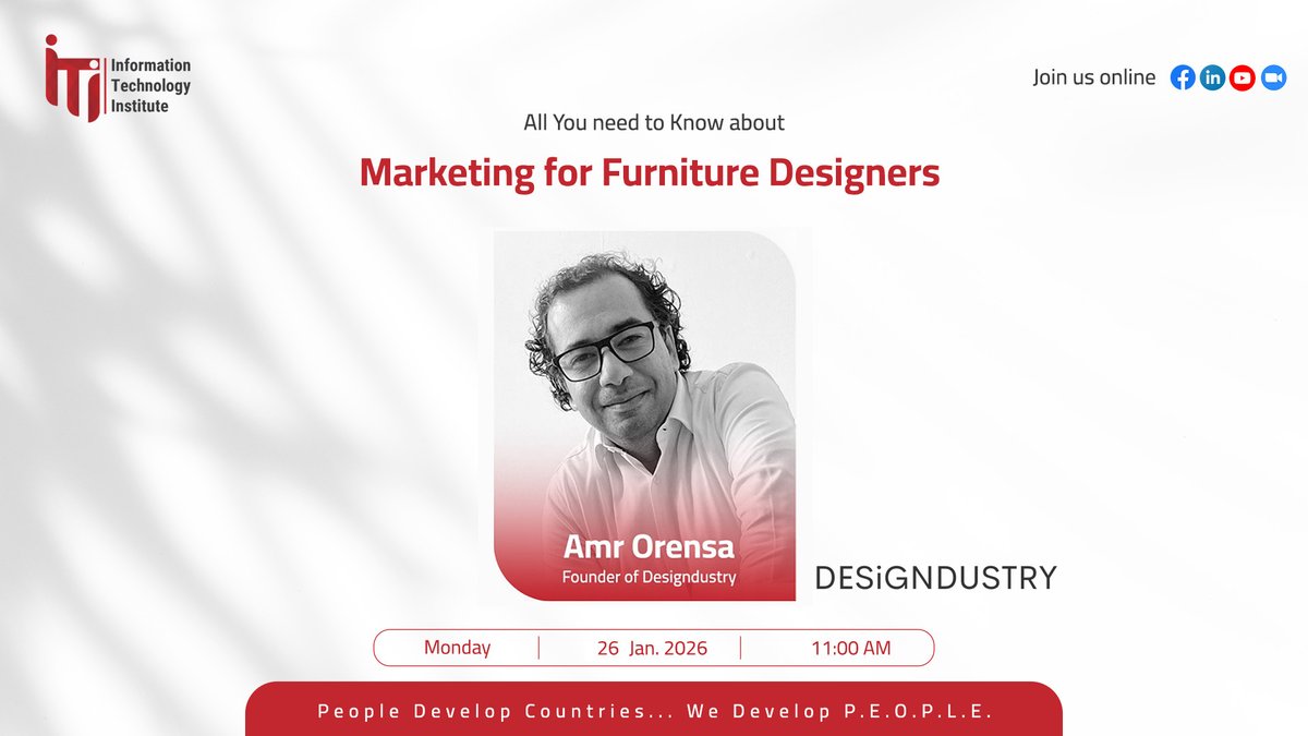 انضموا إلينا يوم الإثنين الساعة 11:00 ص، في محاضرة بعنوان:
علم التسويق وعلاقته بمصممي الأثاث
أون لاين عبر برنامج Zoom من خلال الرابط التالي:
iti-mcit.zoom.us/j/4959206443?p…

مع ضيفنا:
م. عمرو عرنسه، مؤسس منصة Designdustry 

يمكنكم طرح أسئلتكم من خلال:
app.sli.do/event/7Ckwqkn5…