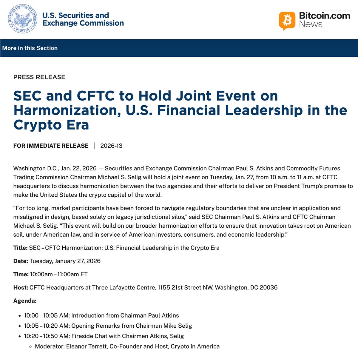 1)NEW: 🇺🇸The SEC and CFTC announce a joint meeting on January 27 to  discuss harmonizing cryptocurrency regulations. This coincides with the  same day the CLARITY ACT is voted on in the Senate.