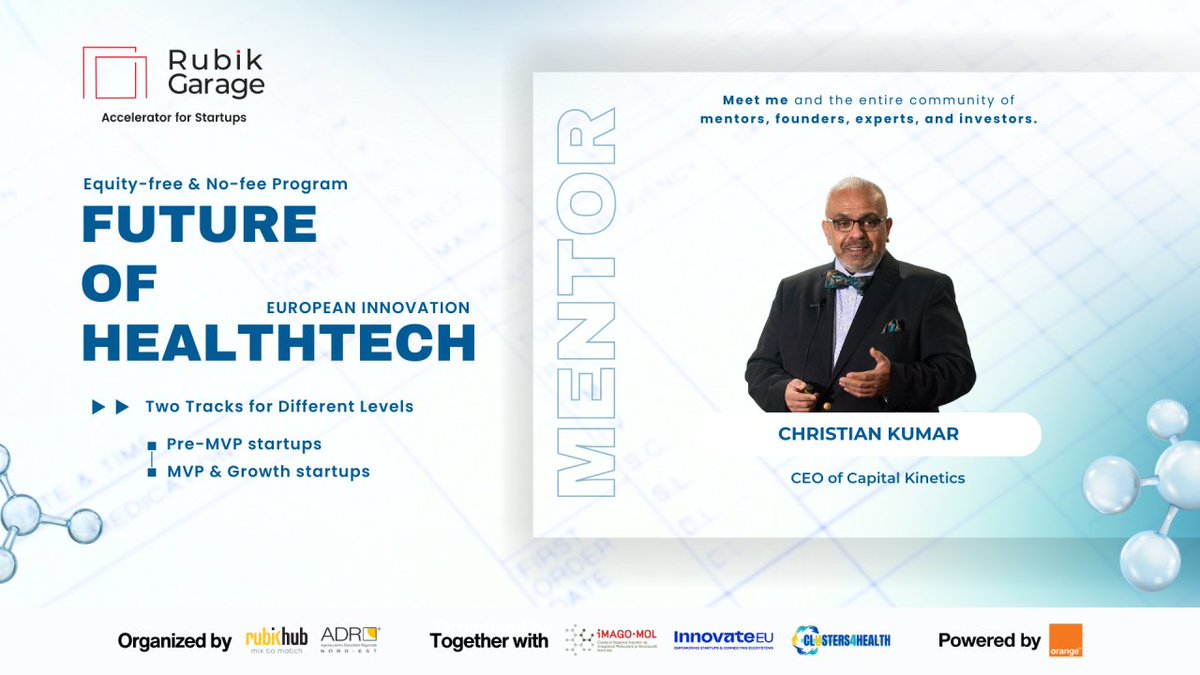 capitalkinetics's tweet photo. I’m a proud mentor in the #RubikGarage Accelerator, @Rubik Hub’s 𝐞𝐪𝐮𝐢𝐭𝐲-𝐟𝐫𝐞𝐞 and 𝐧𝐨-𝐟𝐞𝐞 program for European startups in the medical sector. 🩺 
The HealthTech edition has officially kicked off! 🚀 https://t.co/JNSzTPQgVS