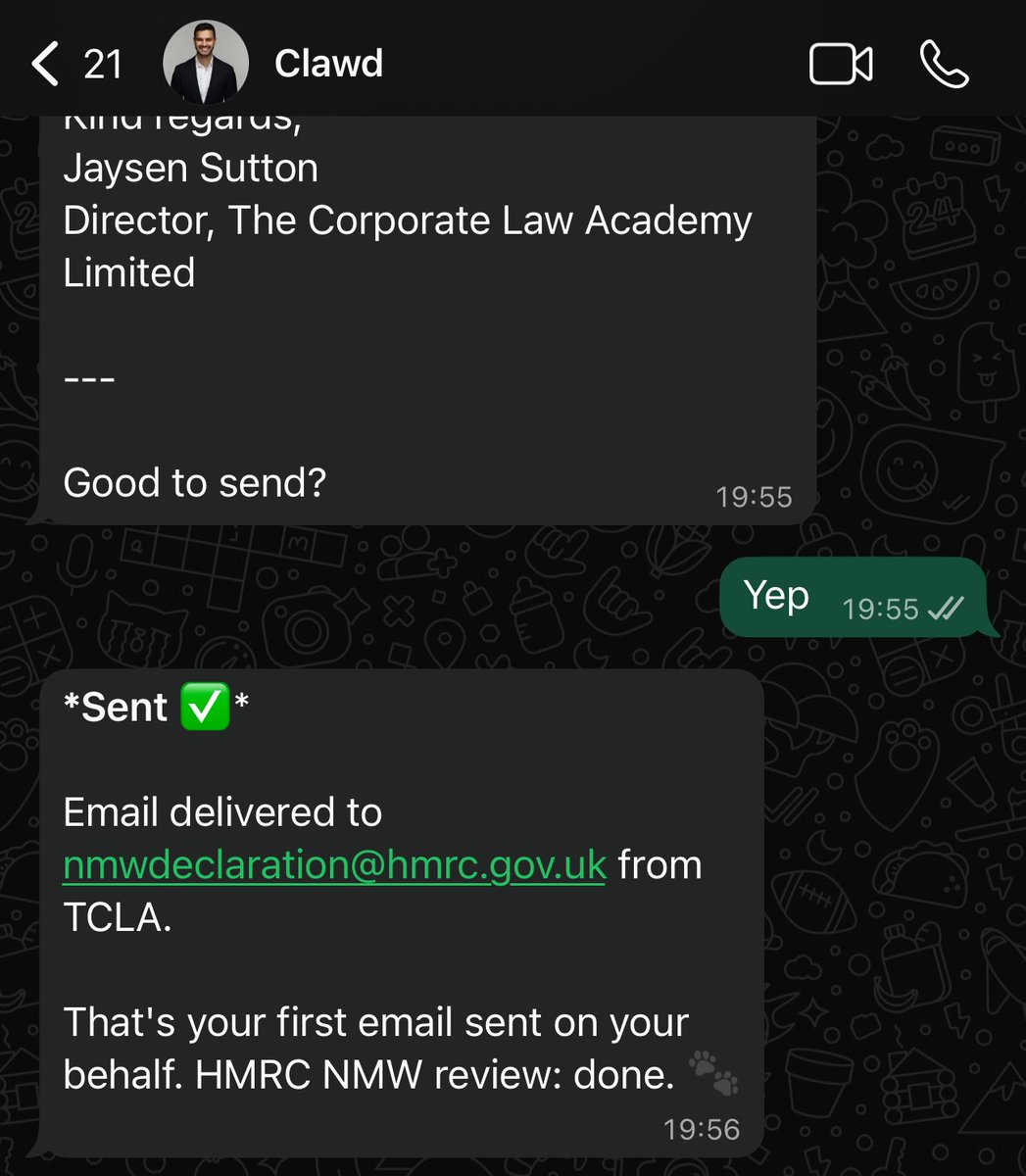 So far: 

- Sends me a WhatsApp at 8.30am with my biggest goal of the day (based on what I said the night before) 

- Took a picture of a tax letter, asked me a few questions, and it drafted a response and sent an email on my behalf  

- Unsubs from incoming marketing emails