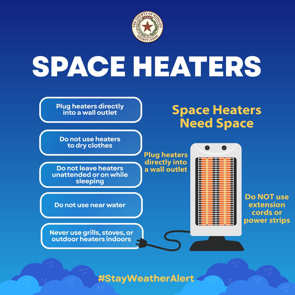 Improper use of space heaters can cause fires, electric shock, or carbon monoxide poisoning. Safety first!

#StayWeatherAlert