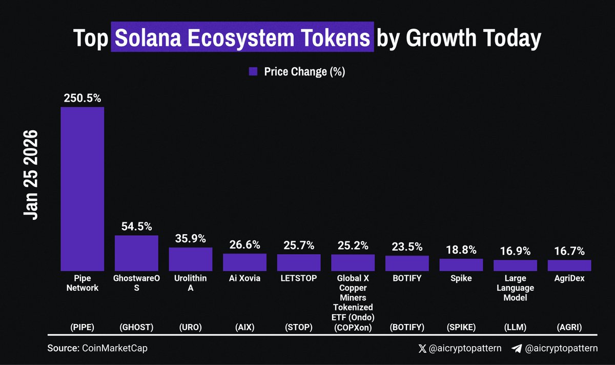 Top Solana Ecosystem Tokens by Growth Today: 1️⃣ $PIPE | Pipe Network:  +250.5% 2️⃣ $GHOST | GhostwareOS: +54.5% 3️⃣ $URO | Urolithin A: +35.94%  4️⃣ $AIX | Ai Xovia: +26.57% 5️⃣ $STOP |