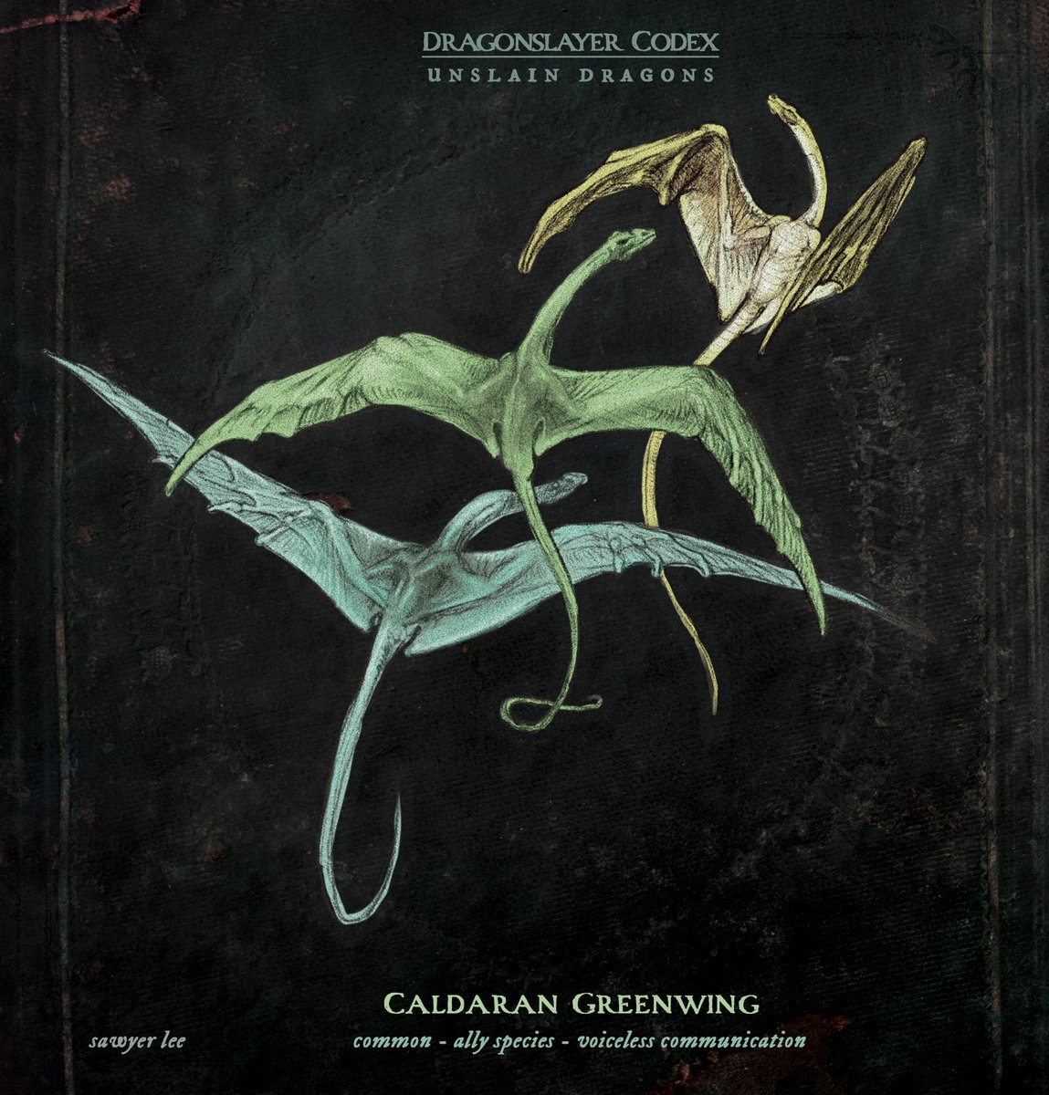 A mountain species that speaks voicelessly through electrical signals. This variant of Greenwing Dragonelle roosts near human habitation and high mountain caves, where they enjoy a pleasant coexistence in contrast to the deadly world beyond.

Preview as I finalize the next book.