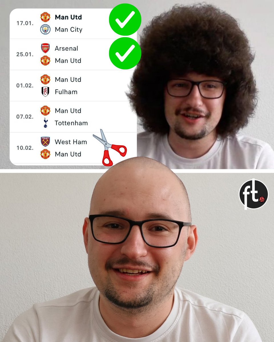 Footballtweet's tweet photo. ✂️ Manchester United's next two fixtures in the Premier League are against Fulham and Spurs at Old Trafford.

Win them both and they head to West Ham - a match that could decide the haircut.

West Ham vs. Manchester United, with a trip to the barbers on the line, would be bigger than a Champions League final.