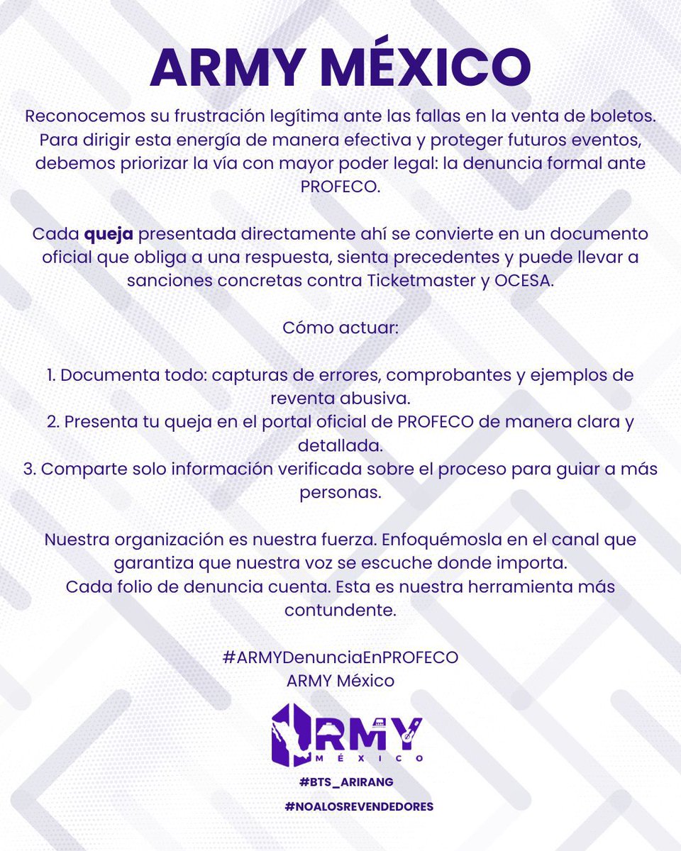 LasGalactinas's tweet photo. Agradecemos profundamente a quienes continúan apoyando desde su trinchera. Seguiremos informando y trabajando en unidad como ARMY, tal como lo hemos hecho hasta ahora. No desistiremos ni bajaremos la guardia, porque hacerlo significaría permitir que las injusticias dentro de aquello que amamos continúen. Nuestra voz y compromiso permanecen firmes.
Para fortalecer nuestra defensa colectiva, hemos encontrado los siguientes accesos:
Formulario de Conciliaexpress: Registra tu reporte directamente ante PROFECO para buscar una solución inmediata: https://t.co/FOcdWtc3ND

 Tutoriales: https://t.co/b4VYNN9hJ0