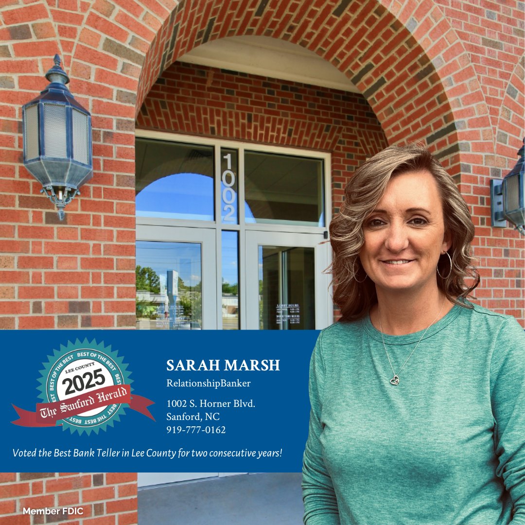 Big congratulations to Sarah Marsh from our Sanford branch! Sarah has been voted Best Bank Teller in Lee County by the #SanfordHerald for two consecutive years, and we couldn’t be prouder!