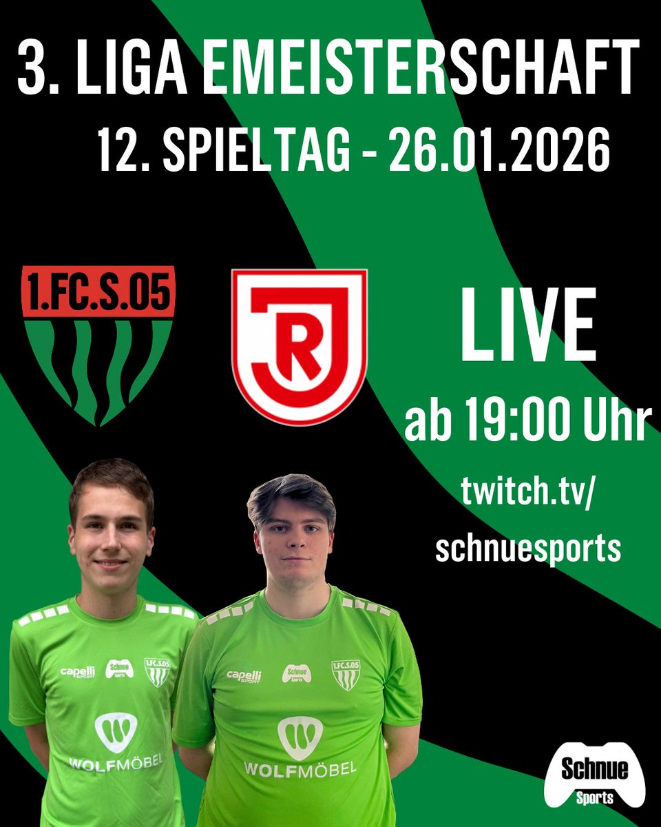Morgen steht der vorletzte Spieltag der <a href="/3Liga/">3. Liga</a> eMeisterschaft an! 🔜
Unser Gegner lautet <a href="/SSVJAHN/">SSV Jahn Regensburg</a>. 🤝🏼
Schaltet ab 19:00 Uhr ein und seid LIVE im Stream dabei! 💚🤍

🐗💚🤍

#schnuedelgaming #easportsfc #easportsfc26