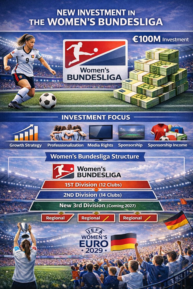 mizuuu18's tweet photo. 世界トップクラスのリーグを目指す🇩🇪🔥

ドイツサッカー協会は女子ブンデスリーガに
8年で1億€(約180億円)の投資。
独立運営、完全プロ化、放映拡大、観客増。
女子サッカーの可能性を本気で広げにいきます

2027/28シーズンからはリーグ改革され
３部ブンデスリーガが導入されます！

#女子サッカー https://t.co/HIdShkpZ4K