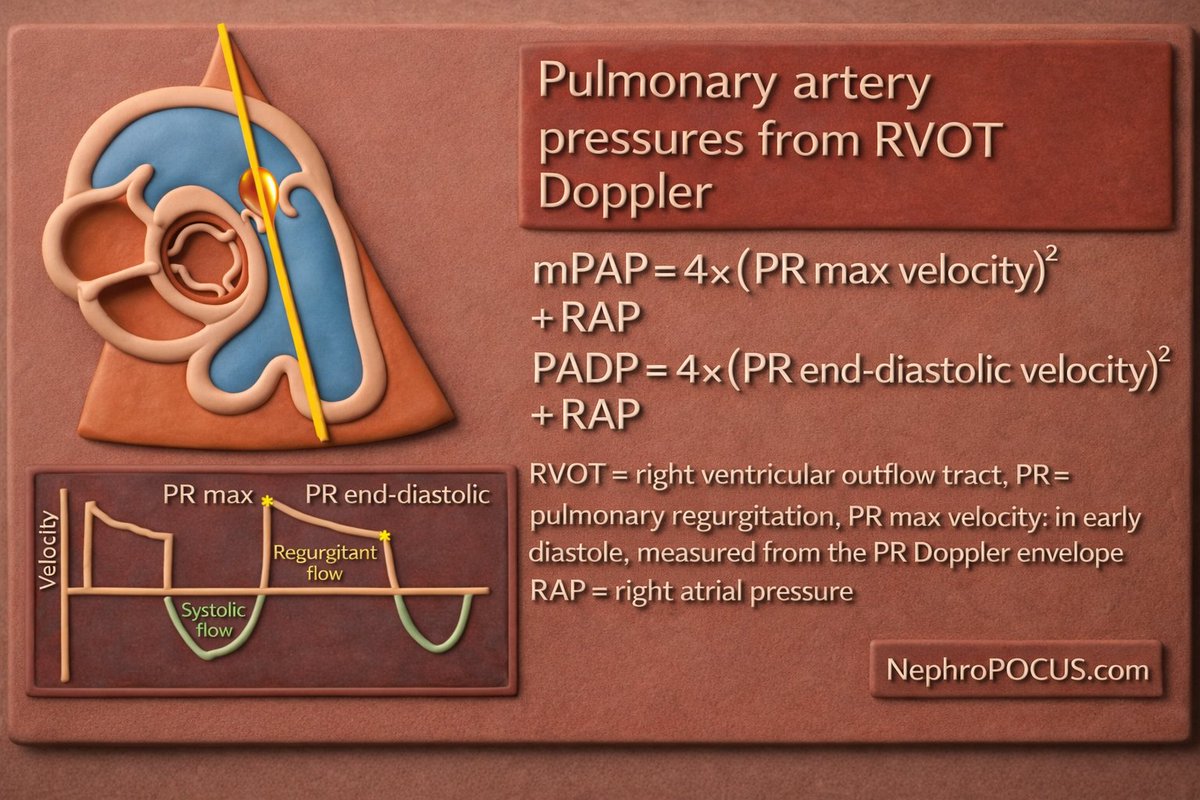 NephroP's tweet photo. Estimation of mPAP and dPAP on #POCUS 
#echofirst #FOAMed #Nephpearls 
Accuracy depends on a few things:
• A clean, well-defined PR Doppler envelope
• A reasonable RAP estimate (often the weakest link)
In severe PR, PADP can be underestimated as RV and PA pressures equalize late in diastole.
PR-derived mPAP correlates with cath data, but it’s not a substitute for invasive measurements in all settings.