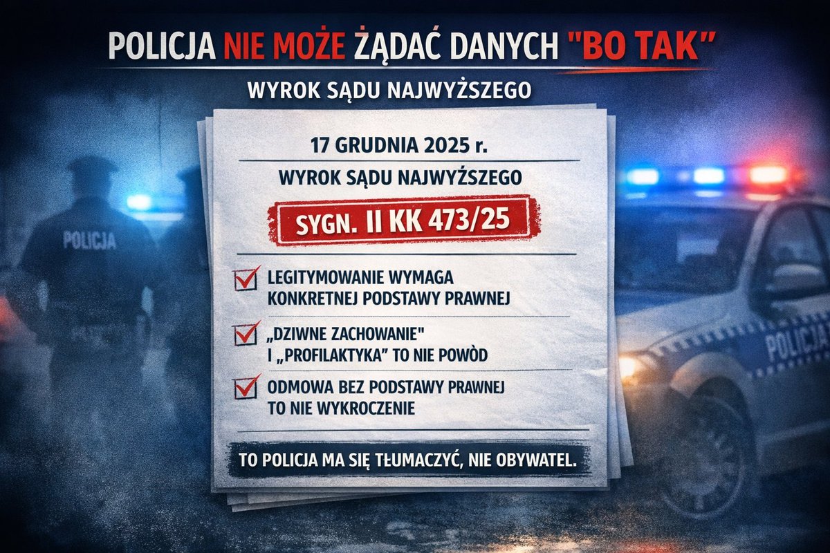 🟥 Wyrok SN 17.12.2025 (II KK 473/25):
❌️Policja nie może żądać danych osobowych „bo tak”.
Legitymowanie wymaga konkretnej podstawy prawnej, nie „profilaktyki” ani „dziwnego zachowania”.
❌️Art. 65 k.w. nie działa automatycznie.
Jeśli żądanie było bez podstawy prawnej, odmowa