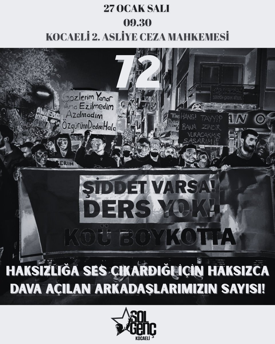SolKocaeli's tweet photo. 19 Mart sürecinde anayasal haklarını kullanarak eyleme katılan arkadaşlarımızın duruşması 27 Ocak Salı Kocaeli 2. Asliye Ceza Mahkemesinde olacak.
Baskılar bizi yıldıramaz! Geleceğimiz, haklarımız, yaşamlarımız için mücadeleye devam edeceğiz.

Bu böyle gitmez, gençlik biat etmez! https://t.co/Pw1tRgkB3f
