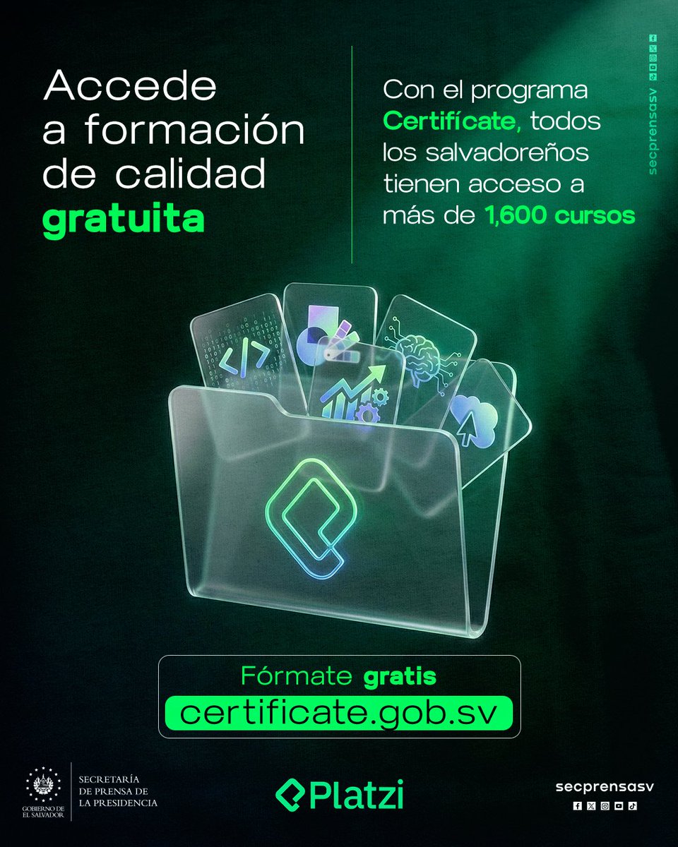 SecPrensaSV's tweet image. #Certifícate | El Gobierno del Presidente @nayibbukele garantiza el acceso a la formación de calidad para todos los salvadoreños mediante el programa Certifícate, que pone a disposición más de 1,600 cursos gratuitos. Esta iniciativa fortalece las competencias digitales y…